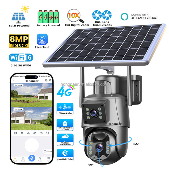 Hongnaer 8MP 2.4G 5G WiFi6 2 Lens Wireless Solar Surveil Camera Eseecloud 4K Outdoor WiFi 4G Sim Card CCTV Solar Security Camera