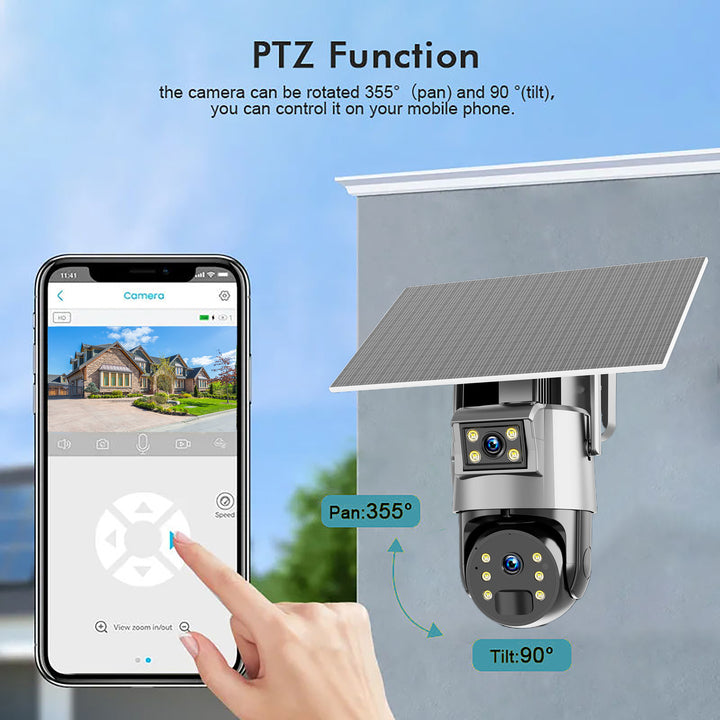 Newest Human Detect Double Screen Viewing Dual Lens Outdoor Waterproof 4G GSM Network PTZ HD Solar Camera CCTV Security System