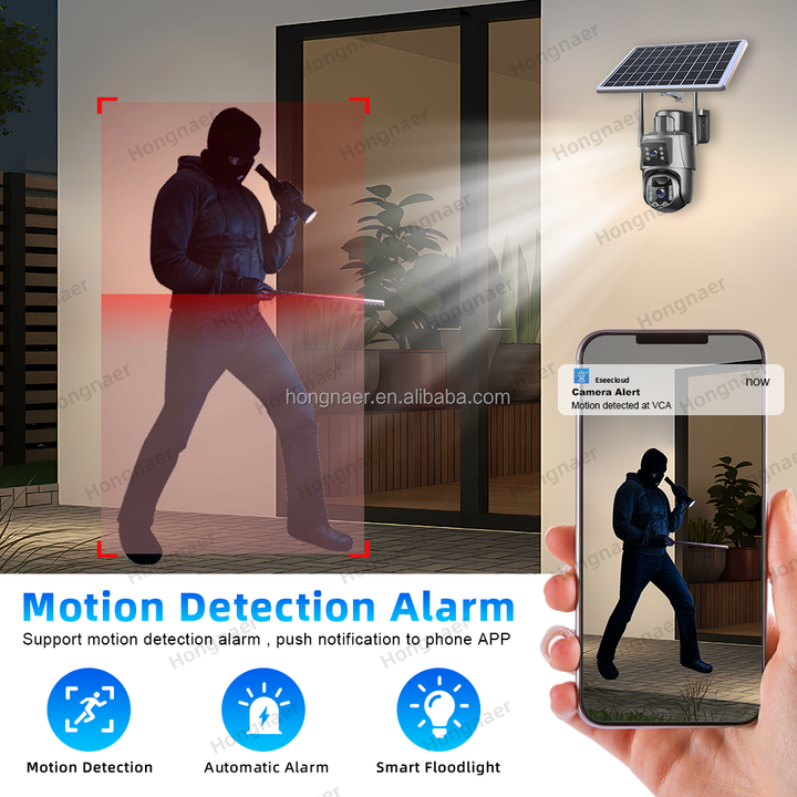 Hongnaer 8MP 2.4G 5G WiFi6 2 Lens Wireless Solar Surveil Camera Eseecloud 4K Outdoor WiFi 4G Sim Card CCTV Solar Security Camera