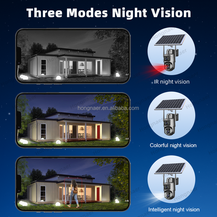Hongnaer 8MP 2.4G 5G WiFi6 2 Lens Wireless Solar Surveil Camera Eseecloud 4K Outdoor WiFi 4G Sim Card CCTV Solar Security Camera
