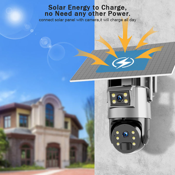 Newest Human Detect Double Screen Viewing Dual Lens Outdoor Waterproof 4G GSM Network PTZ HD Solar Camera CCTV Security System