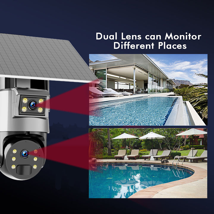 Newest Human Detect Double Screen Viewing Dual Lens Outdoor Waterproof 4G GSM Network PTZ HD Solar Camera CCTV Security System