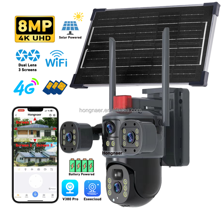8MP Eseecloud V380 Pro Solar Powered Wireless 4G WiFi Surveillance PTZ Camera 4K Outdoor Security 4G Sim Card Solar CCTV Camera
