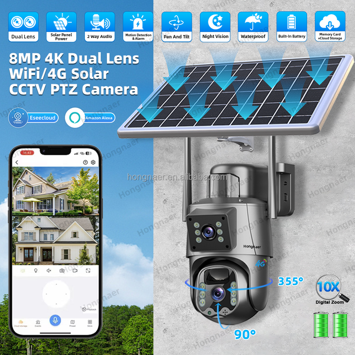 Hongnaer 8MP 2.4G 5G WiFi6 2 Lens Wireless Solar Surveil Camera Eseecloud 4K Outdoor WiFi 4G Sim Card CCTV Solar Security Camera