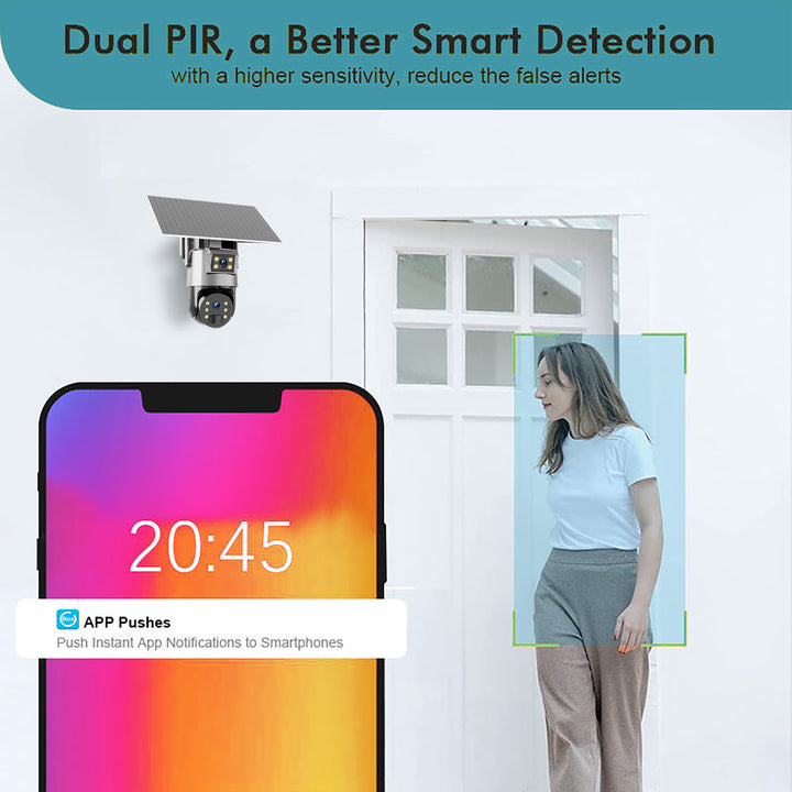 Newest Human Detect Double Screen Viewing Dual Lens Outdoor Waterproof 4G GSM Network PTZ HD Solar Camera CCTV Security System