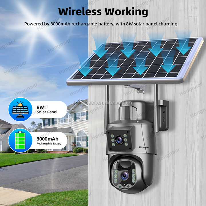 Hongnaer 8MP 2.4G 5G WiFi6 2 Lens Wireless Solar Surveil Camera Eseecloud 4K Outdoor WiFi 4G Sim Card CCTV Solar Security Camera